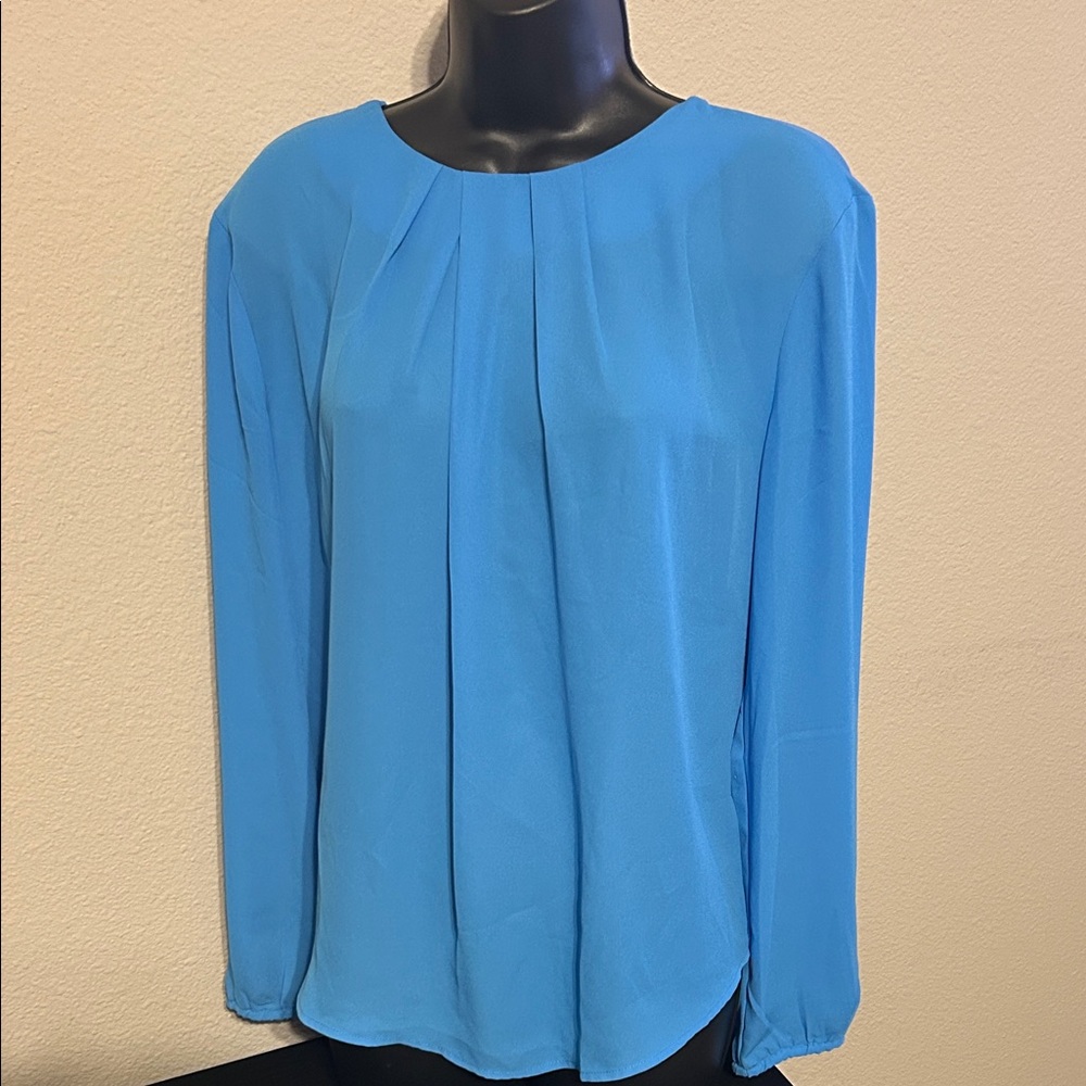 Ann Taylor Bright Blue Pleated Long-Sleeve Blouse